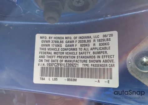 2020 Honda Civic Lx из США, поврежденный, VIN 19XFC2F61LE209221
